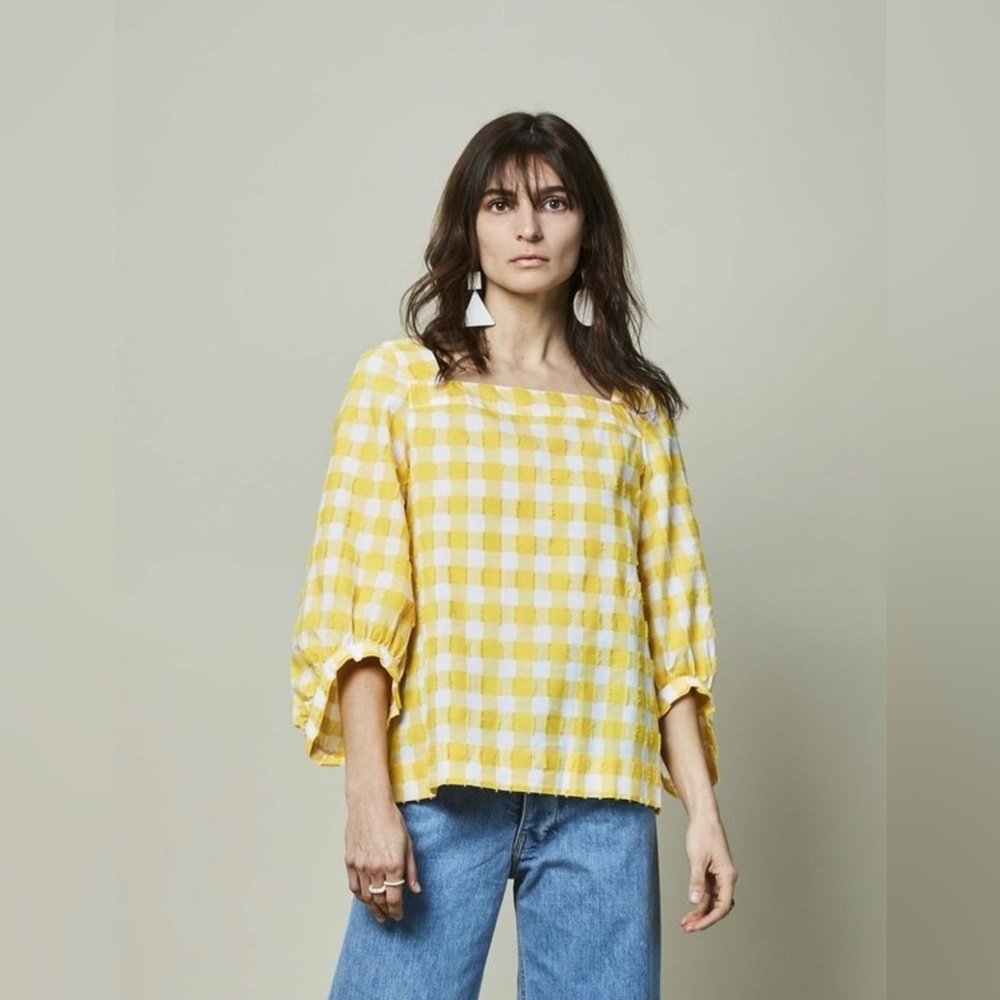 Yellow and White Gingham Cotton Picnic Blouse NWOT. Size 40